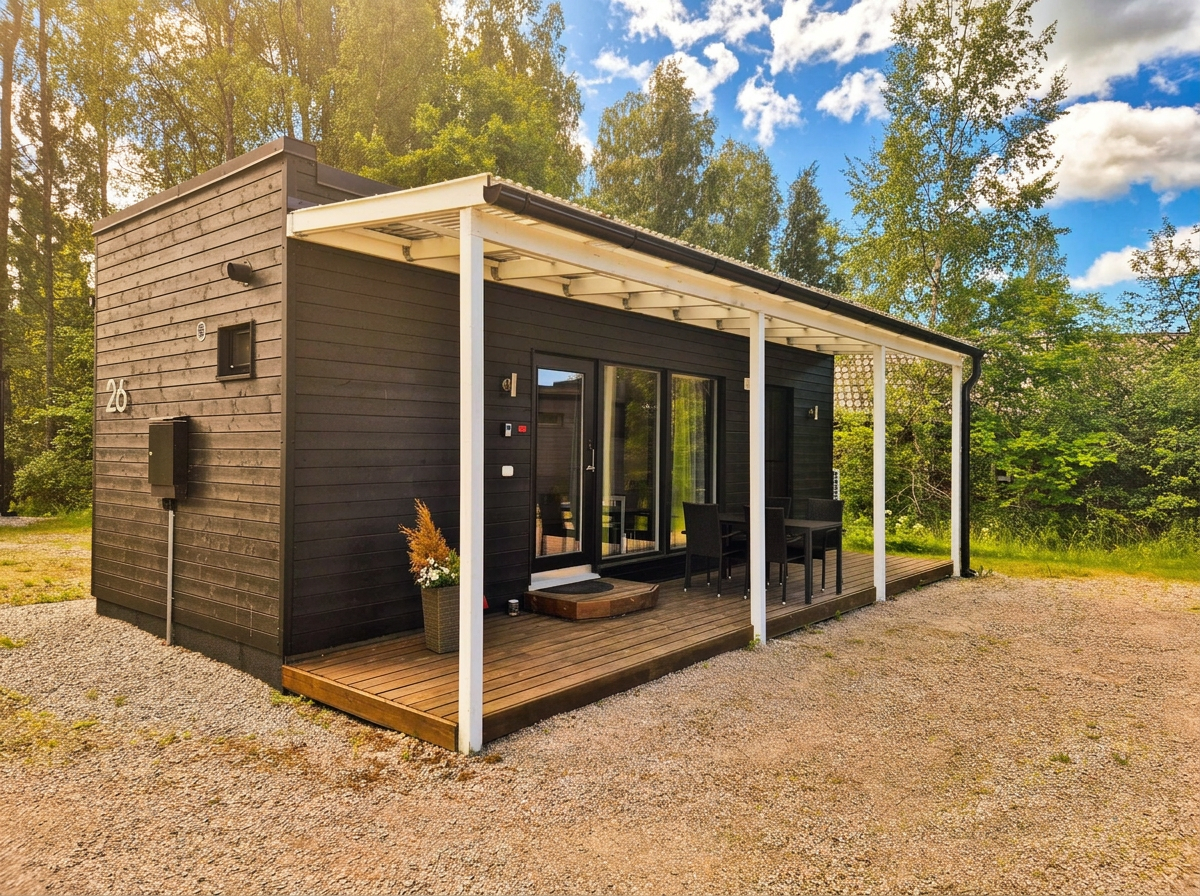 Moderni tumma lomamökki terassilla auringonpaisteessa