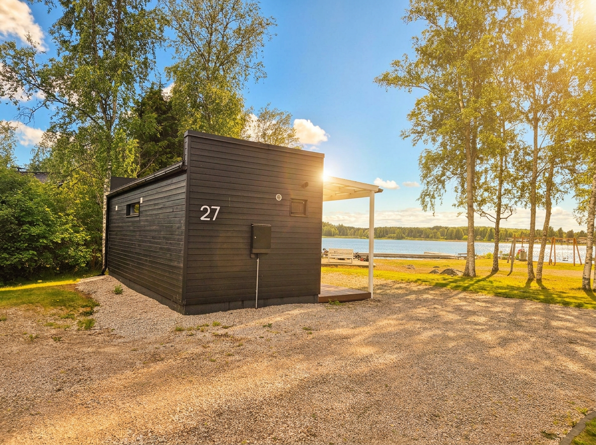 Tumma mökki järvinäkymällä auringonpaisteessa